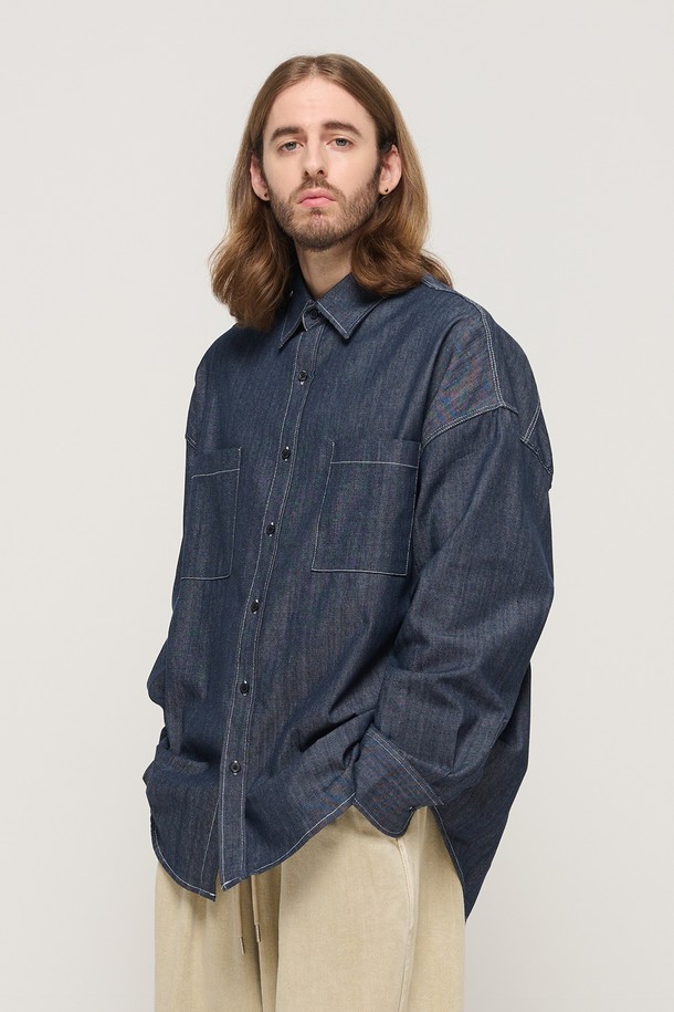 CARGOBROS - 긴팔셔츠 - STITCH DENIM LONG SLEEVE OVERSHIRT (BLUE)