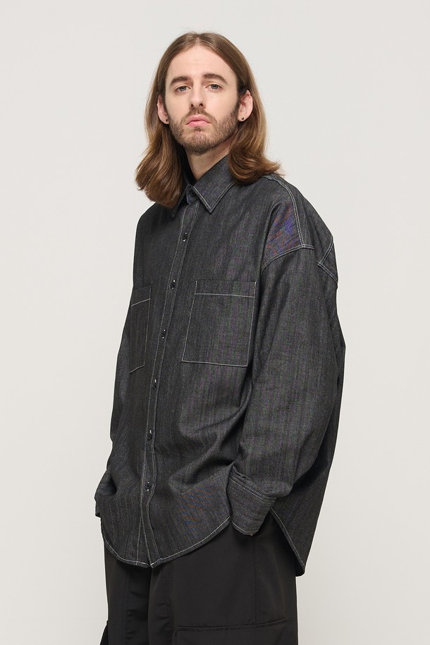 CARGOBROS - 긴팔셔츠 - STITCH DENIM LONG SLEEVE OVERSHIRT (BLACK)