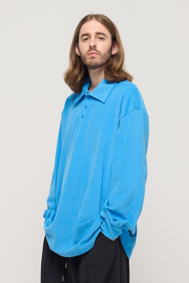 CARGOBROS - 긴팔티셔츠 - PULLOVER OVERSIZED LONG SLEEVE COLLAR T-SHIRT (BLUE)