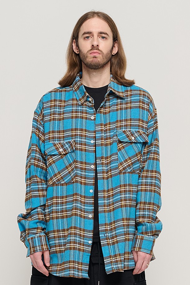 CARGOBROS - 긴팔셔츠 - CB TWO POCKET OVER CHECK SHIRT (BLUE)