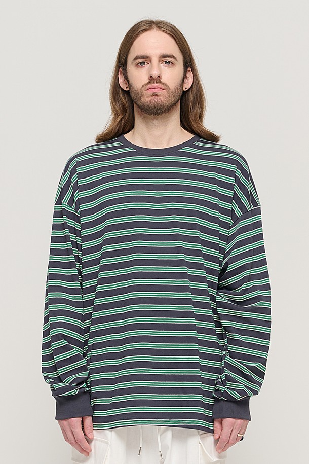 CARGOBROS - 긴팔티셔츠 - STRIPE OVER LONG SLEEVE TEE  (CHARCHOL/GREEN)