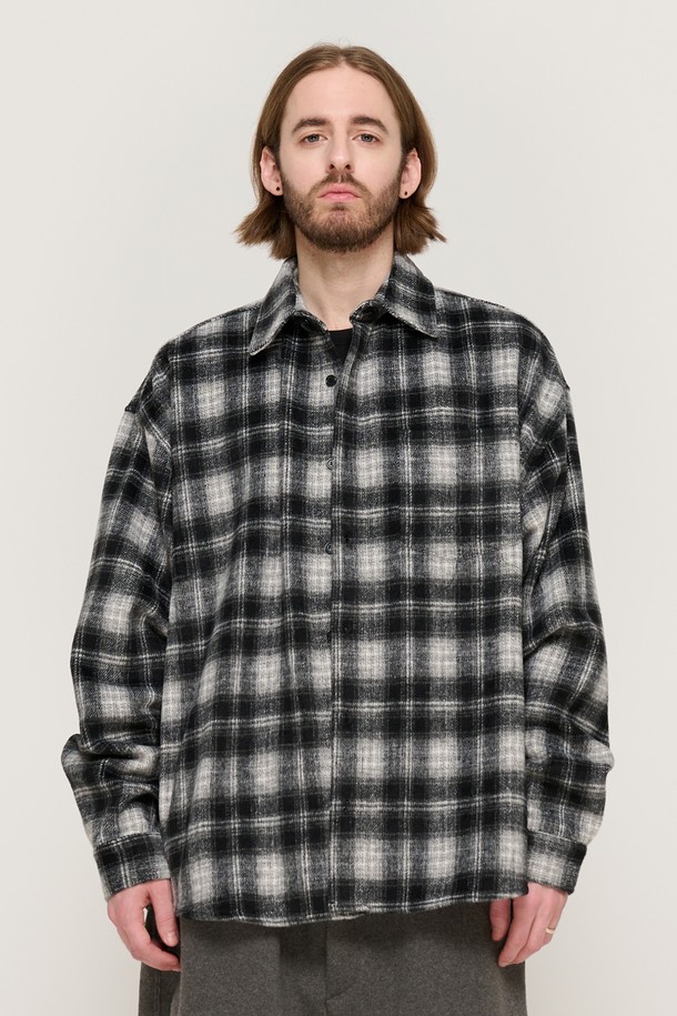 CARGOBROS - 긴팔셔츠 - WOOL-LIKE CHECK SHIRT JACKET (BLACK)