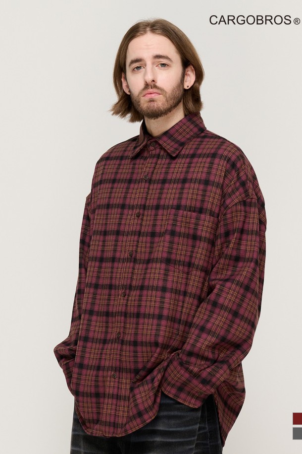 CARGOBROS - 긴팔셔츠 - PEACH COTTON CHECK OVER FIT SHIRT  (WINE)