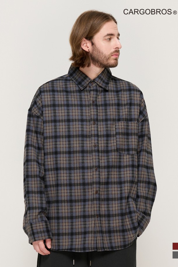 CARGOBROS - 긴팔셔츠 - PEACH COTTON CHECK OVER FIT SHIRT  (GRAY)