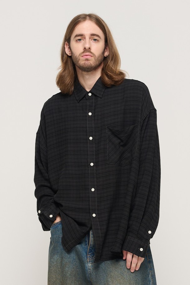 CARGOBROS - 긴팔셔츠 - VINTAGE ROLLING BOXY OVERSIZED CHECK SHIRT (BLACK)