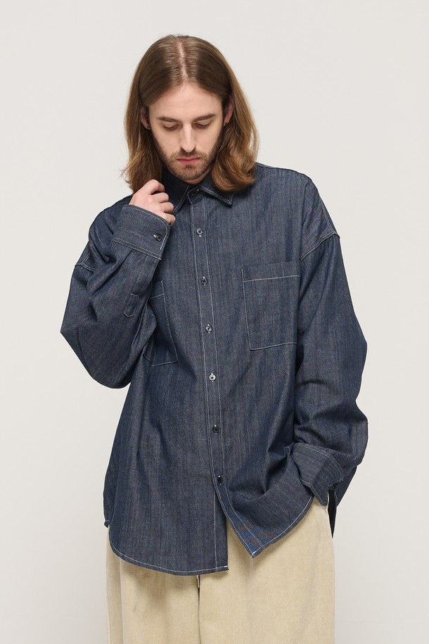 CARGOBROS - 긴팔셔츠 - STITCH DENIM LONG SLEEVE OVERSHIRT (BLUE)