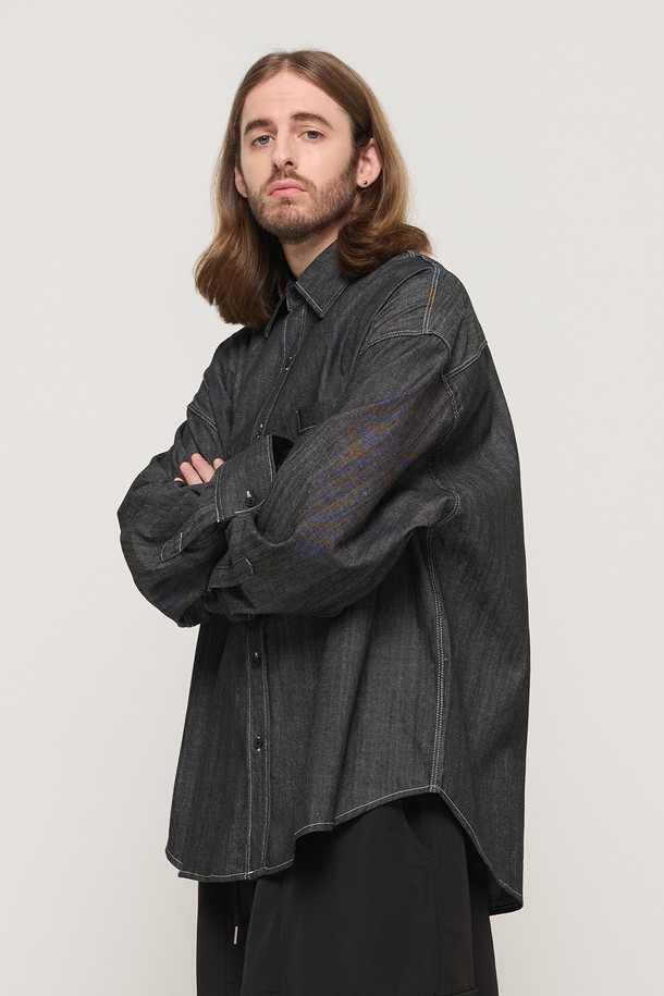 CARGOBROS - 긴팔셔츠 - STITCH DENIM LONG SLEEVE OVERSHIRT (BLACK)