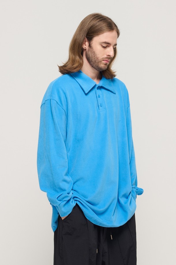 CARGOBROS - 긴팔티셔츠 - PULLOVER OVERSIZED LONG SLEEVE COLLAR T-SHIRT (BLUE)