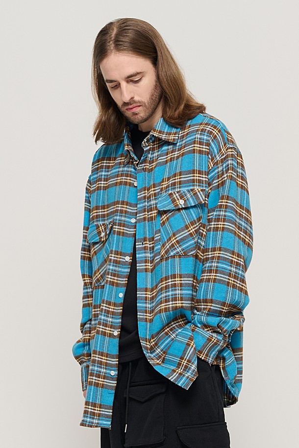 CARGOBROS - 긴팔셔츠 - CB TWO POCKET OVER CHECK SHIRT (BLUE)