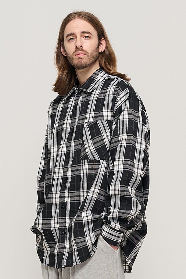 CARGOBROS - 긴팔셔츠 - RETRO COTTON OVERSIZED CHECK SHIRT (BLACK)