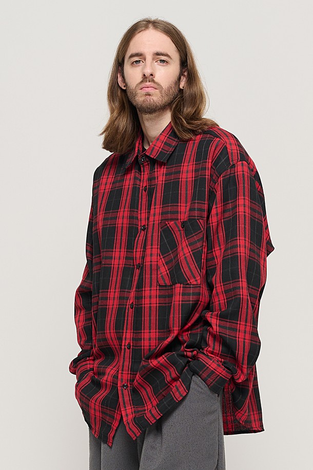 CARGOBROS - 긴팔셔츠 - RETRO COTTON OVERSIZED CHECK SHIRT (RED)