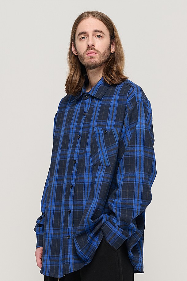 CARGOBROS - 긴팔셔츠 - RETRO COTTON OVERSIZED CHECK SHIRT (BLUE)