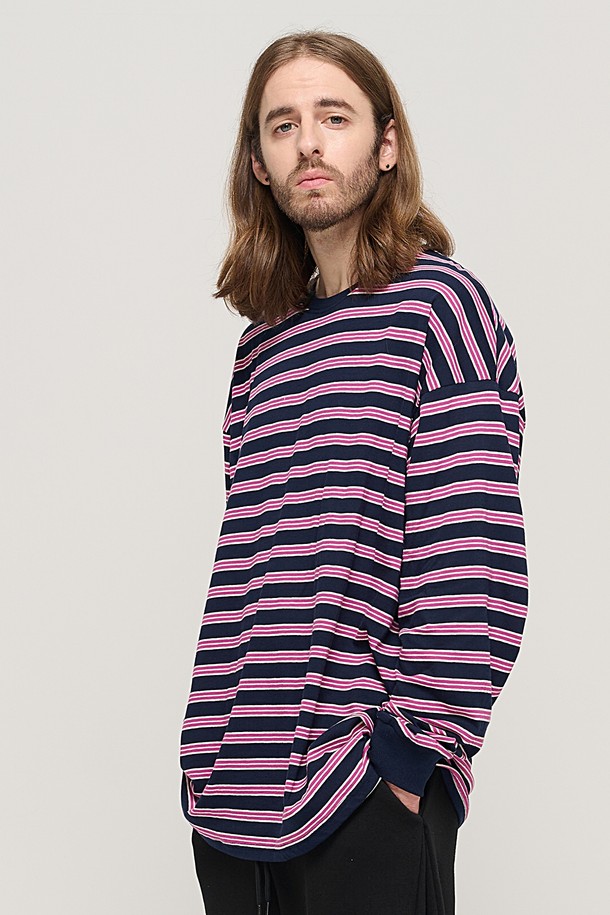 CARGOBROS - 긴팔티셔츠 - STRIPE OVER LONG SLEEVE TEE  (NAVY/PINK)