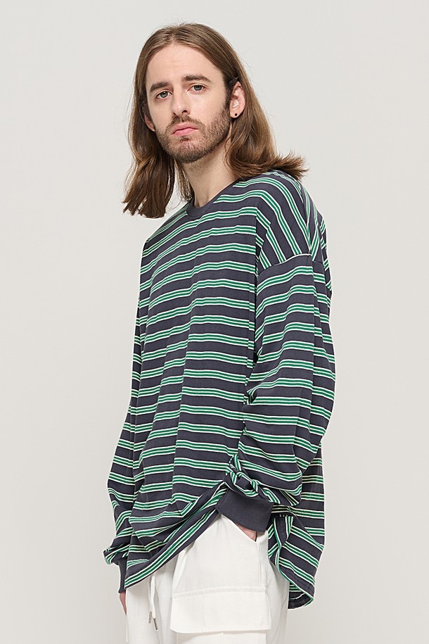 CARGOBROS - 긴팔티셔츠 - STRIPE OVER LONG SLEEVE TEE  (CHARCHOL/GREEN)