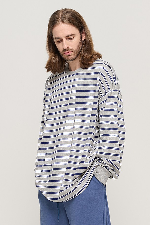 CARGOBROS - 긴팔티셔츠 - STRIPE OVER LONG SLEEVE TEE  (GRAY/BLUE)