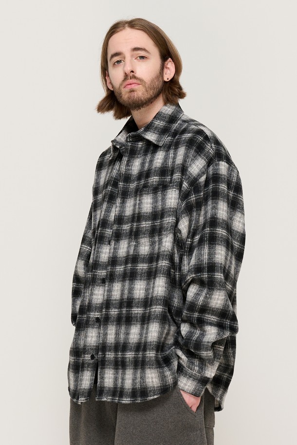 CARGOBROS - 긴팔셔츠 - WOOL-LIKE CHECK SHIRT JACKET (BLACK)