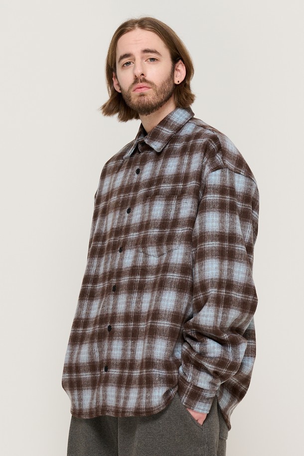 CARGOBROS - 긴팔셔츠 - WOOL-LIKE CHECK SHIRT JACKET (BROWN)