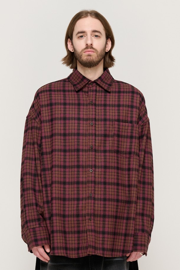 CARGOBROS - 긴팔셔츠 - PEACH COTTON CHECK OVER FIT SHIRT  (WINE)