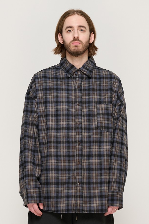 CARGOBROS - 긴팔셔츠 - PEACH COTTON CHECK OVER FIT SHIRT  (GRAY)