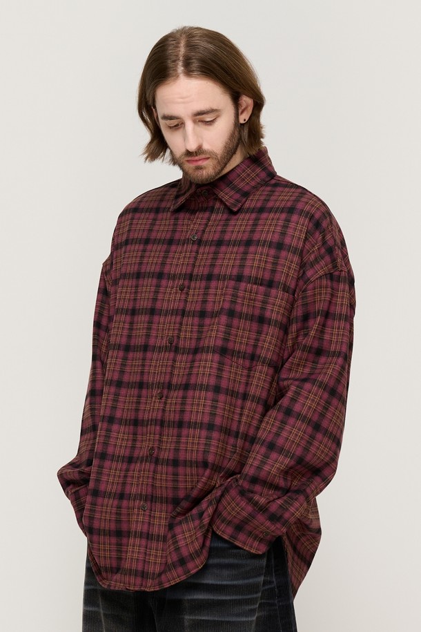 CARGOBROS - 긴팔셔츠 - PEACH COTTON CHECK OVER FIT SHIRT  (WINE)