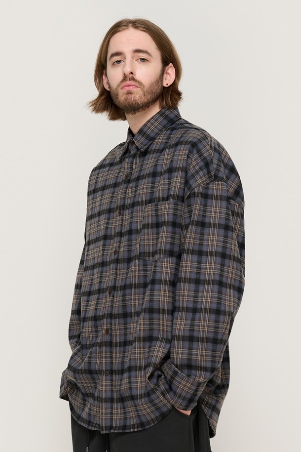 CARGOBROS - 긴팔셔츠 - PEACH COTTON CHECK OVER FIT SHIRT  (GRAY)