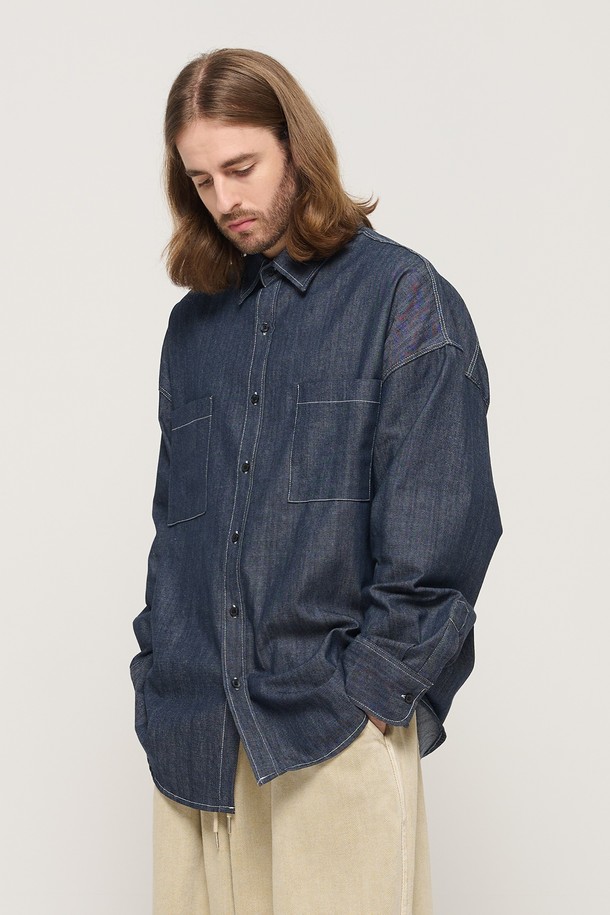 CARGOBROS - 긴팔셔츠 - STITCH DENIM LONG SLEEVE OVERSHIRT (BLUE)