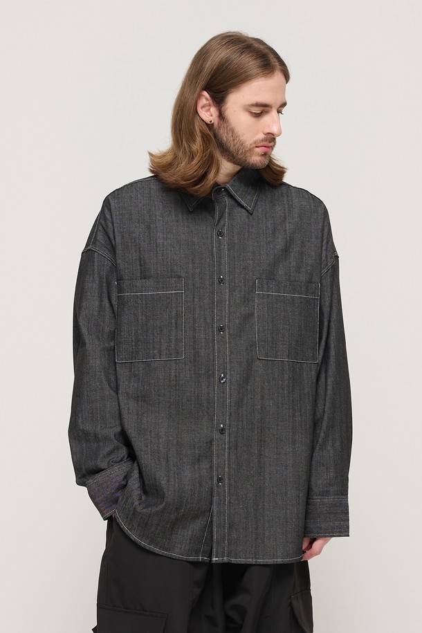 CARGOBROS - 긴팔셔츠 - STITCH DENIM LONG SLEEVE OVERSHIRT (BLACK)