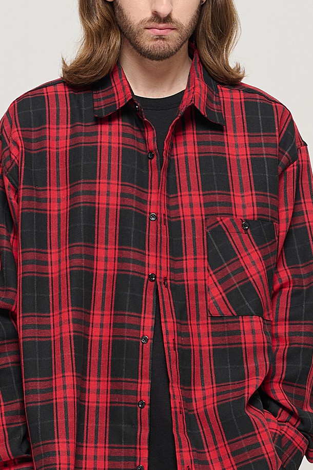 CARGOBROS - 긴팔셔츠 - RETRO COTTON OVERSIZED CHECK SHIRT (RED)