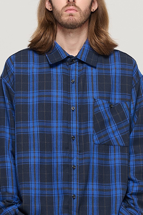 CARGOBROS - 긴팔셔츠 - RETRO COTTON OVERSIZED CHECK SHIRT (BLUE)