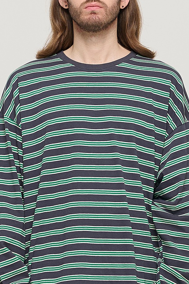 CARGOBROS - 긴팔티셔츠 - STRIPE OVER LONG SLEEVE TEE  (CHARCHOL/GREEN)