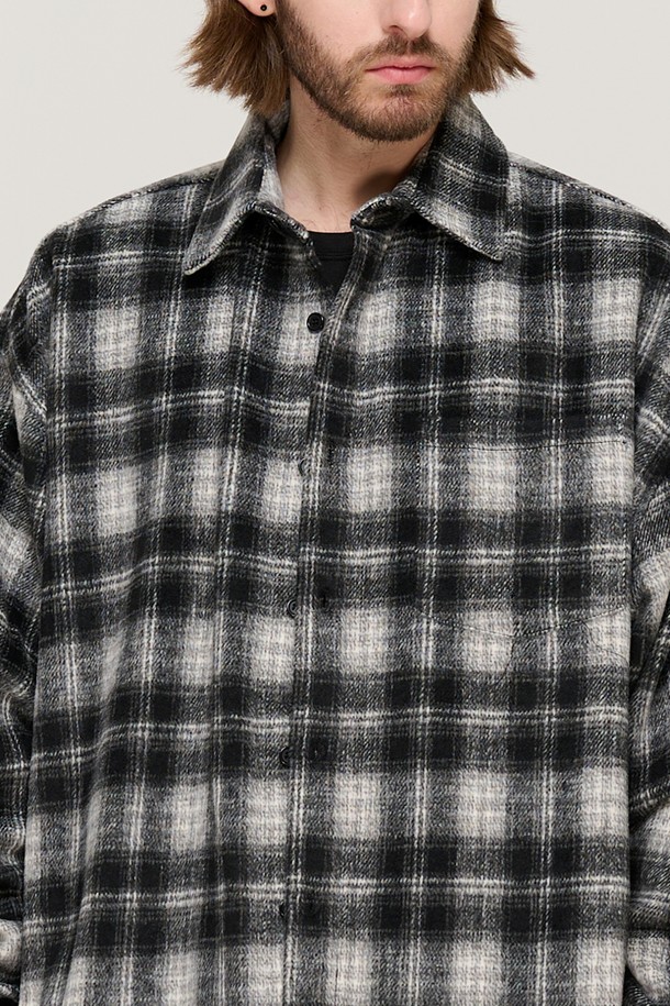 CARGOBROS - 긴팔셔츠 - WOOL-LIKE CHECK SHIRT JACKET (BLACK)