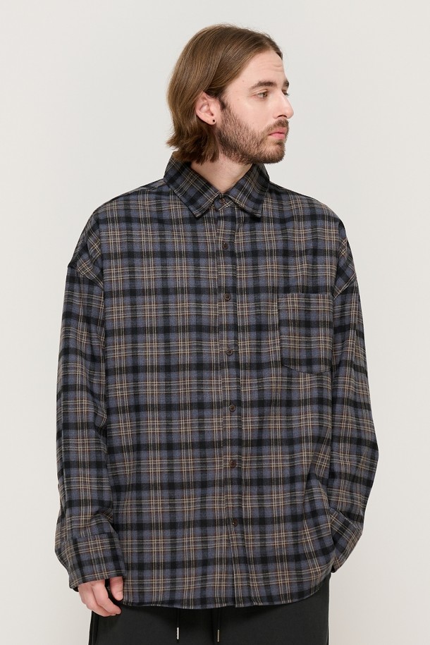 CARGOBROS - 긴팔셔츠 - PEACH COTTON CHECK OVER FIT SHIRT  (GRAY)