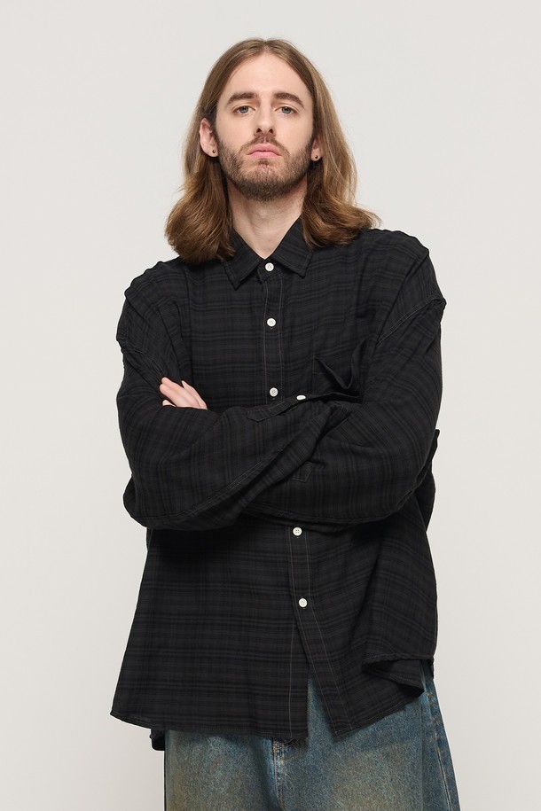 CARGOBROS - 긴팔셔츠 - VINTAGE ROLLING BOXY OVERSIZED CHECK SHIRT (BLACK)