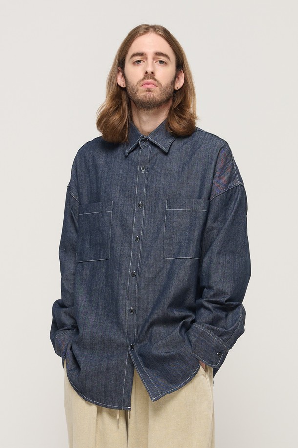 CARGOBROS - 긴팔셔츠 - STITCH DENIM LONG SLEEVE OVERSHIRT (BLUE)