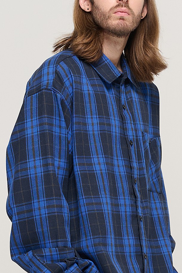 CARGOBROS - 긴팔셔츠 - RETRO COTTON OVERSIZED CHECK SHIRT (BLUE)