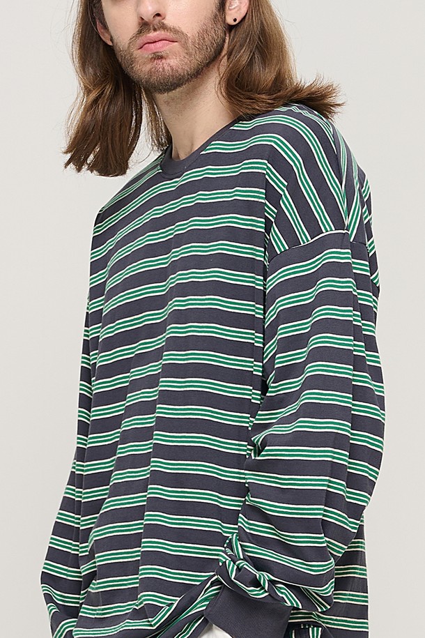 CARGOBROS - 긴팔티셔츠 - STRIPE OVER LONG SLEEVE TEE  (CHARCHOL/GREEN)