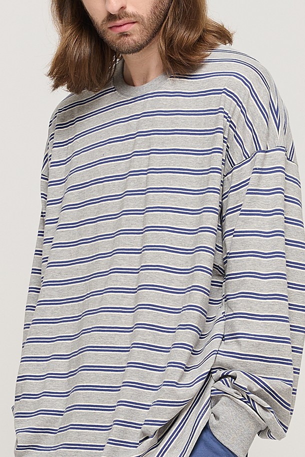 CARGOBROS - 긴팔티셔츠 - STRIPE OVER LONG SLEEVE TEE  (GRAY/BLUE)