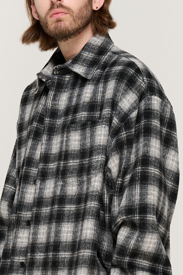 CARGOBROS - 긴팔셔츠 - WOOL-LIKE CHECK SHIRT JACKET (BLACK)