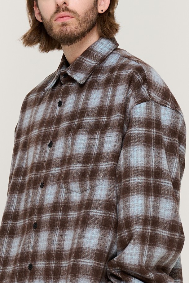 CARGOBROS - 긴팔셔츠 - WOOL-LIKE CHECK SHIRT JACKET (BROWN)