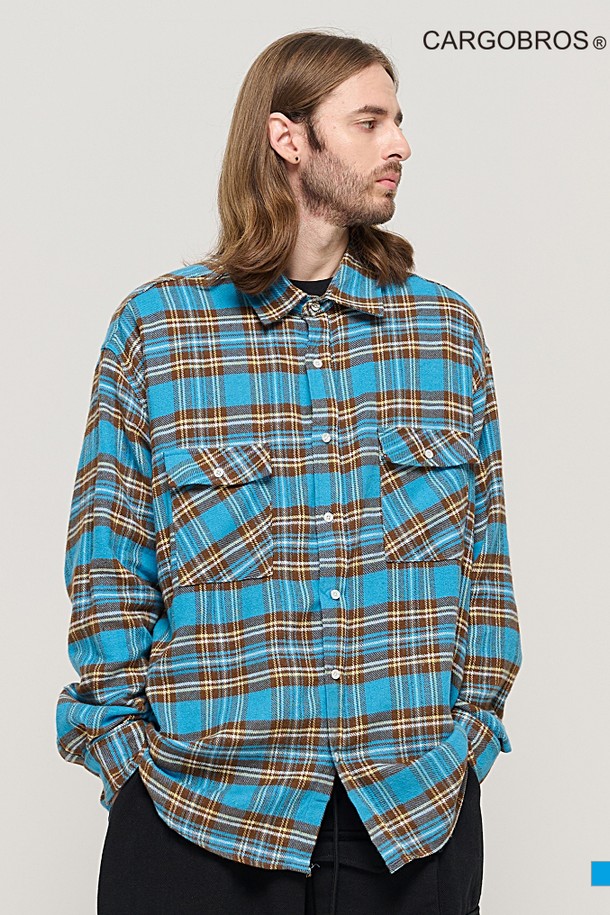 CARGOBROS - 긴팔셔츠 - CB TWO POCKET OVER CHECK SHIRT (BLUE)