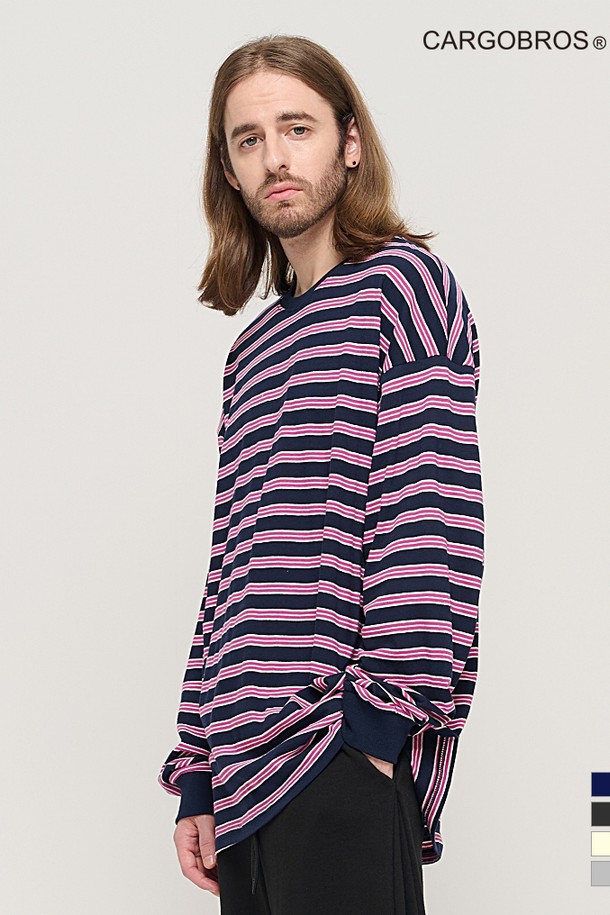 CARGOBROS - 긴팔티셔츠 - STRIPE OVER LONG SLEEVE TEE  (NAVY/PINK)