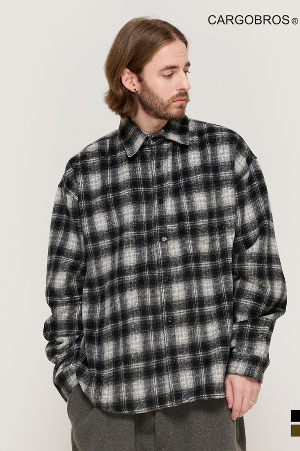 CARGOBROS - 긴팔셔츠 - WOOL-LIKE CHECK SHIRT JACKET (BLACK)