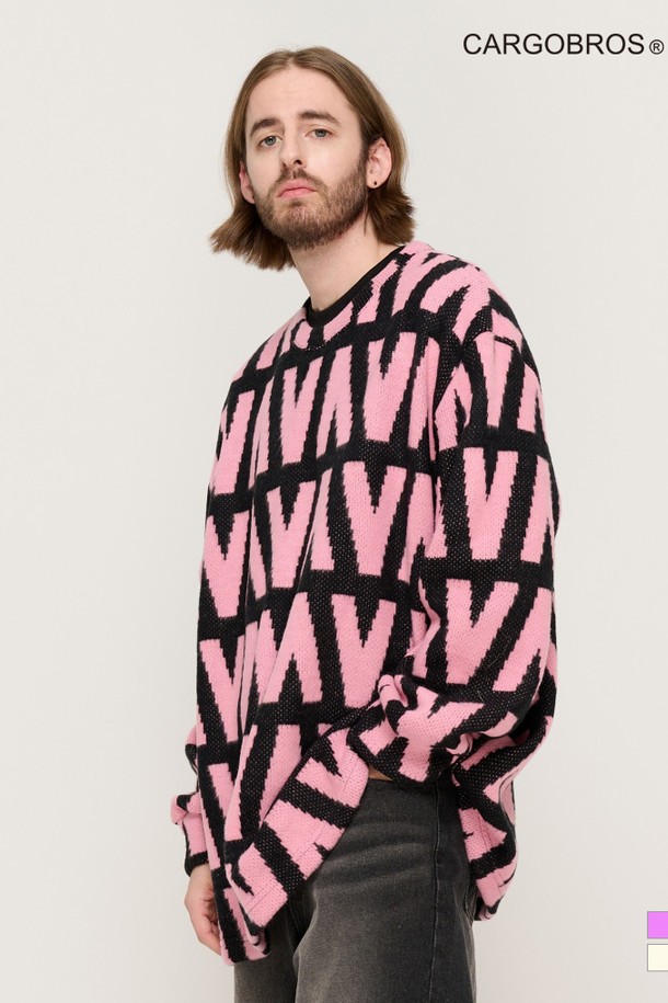 CARGOBROS - 스웨터 - DESIGN PATTERN COLORFUL KNIT (PINK)