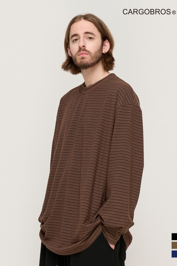 CARGOBROS - 긴팔티셔츠 - LINE NAPPING STRIPE LONG SLEEVE TEE (BROWN)