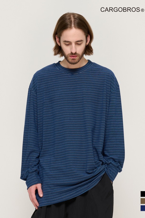 CARGOBROS - 긴팔티셔츠 - LINE NAPPING STRIPE LONG SLEEVE TEE (NAVY)