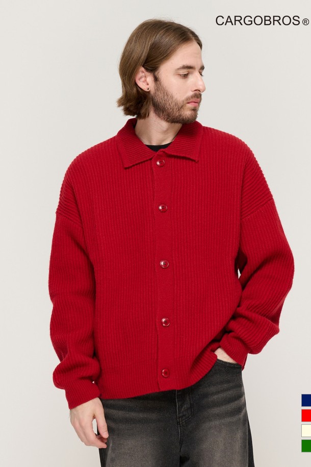 CARGOBROS - 가디건 - BUTTON POINT KNIT CARDIGAN (RED)