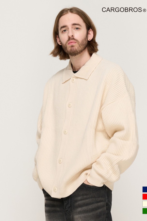 CARGOBROS - 가디건 - BUTTON POINT KNIT CARDIGAN (IVORY)