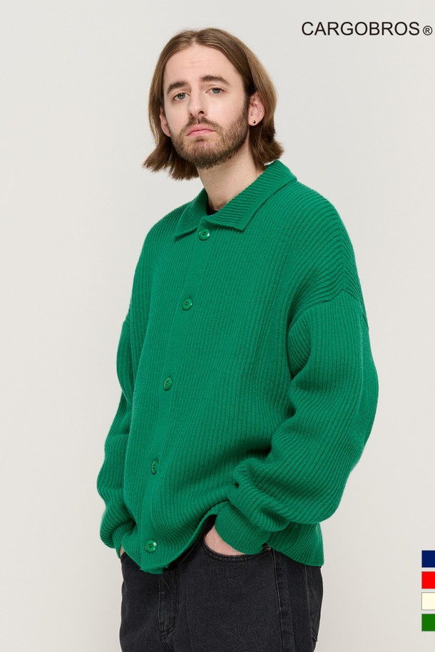 CARGOBROS - 가디건 - BUTTON POINT KNIT CARDIGAN (GREEN)