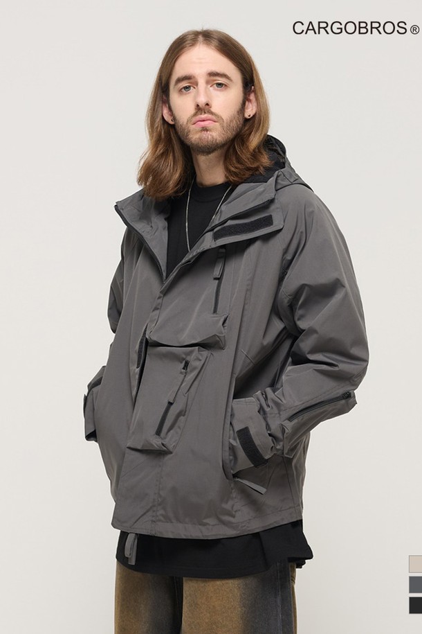 CARGOBROS - 블루종/점퍼 - WATERPROOF CASUAL MULTI-POCKET HOODED WINDBREAKER (CHARCHOL)