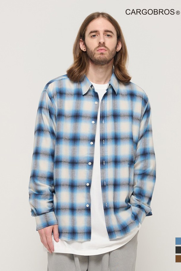 CARGOBROS - 긴팔셔츠 - FLANNEL OMBRE LOOSE FIT CHECK SHIRT (BLUE)